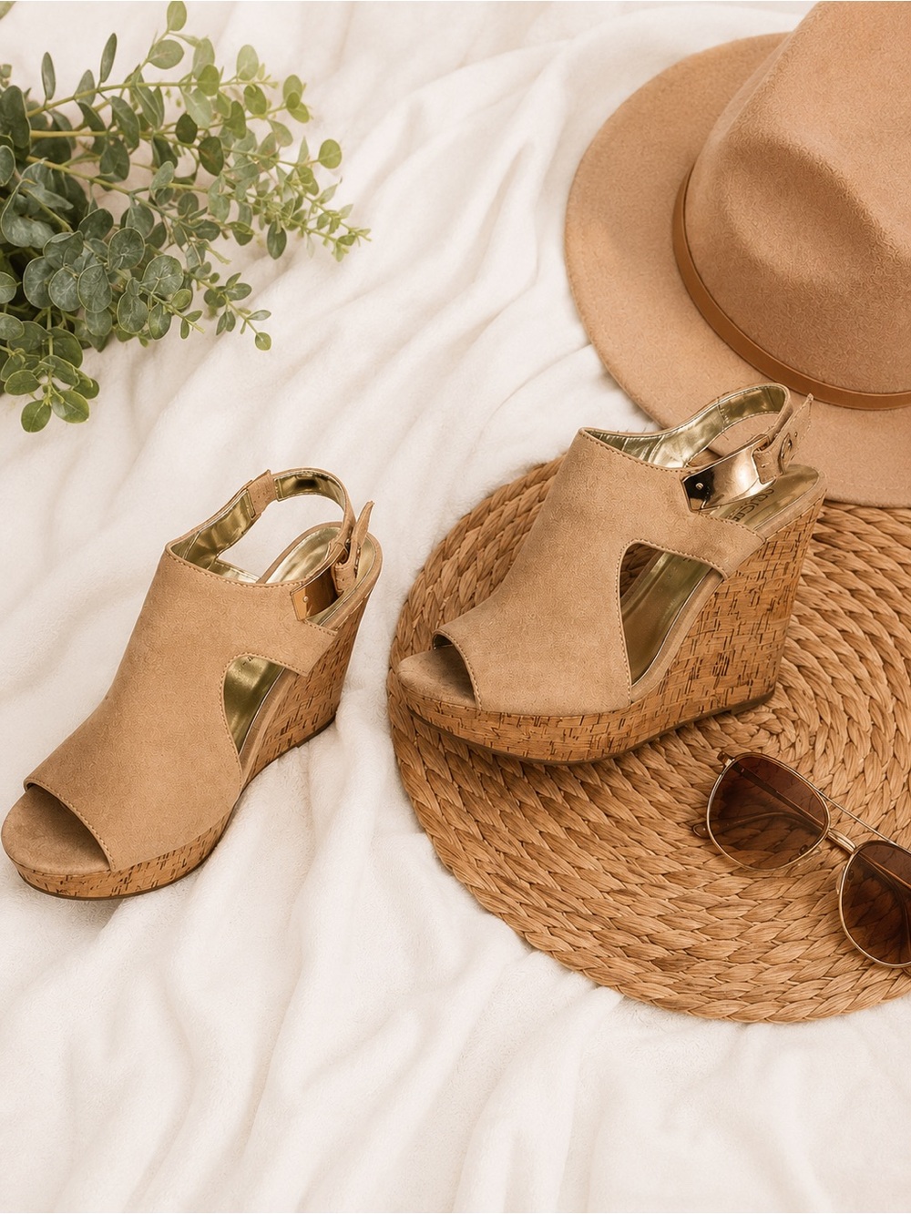 Carlos by Carlos Santana Tan Suede Cork Wedge Sandals